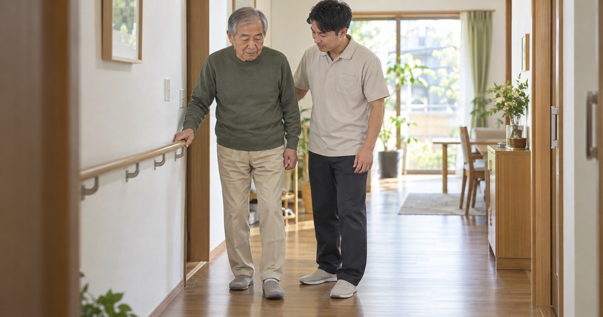 物が片付いた手すりのある廊下で高齢男性の歩行環境を支援者が確認する生成イメージ