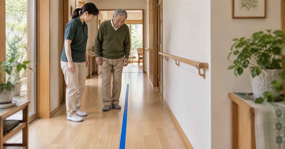 床に密着した青い目印の適否を高齢男性と支援者が確認する生成イメージ