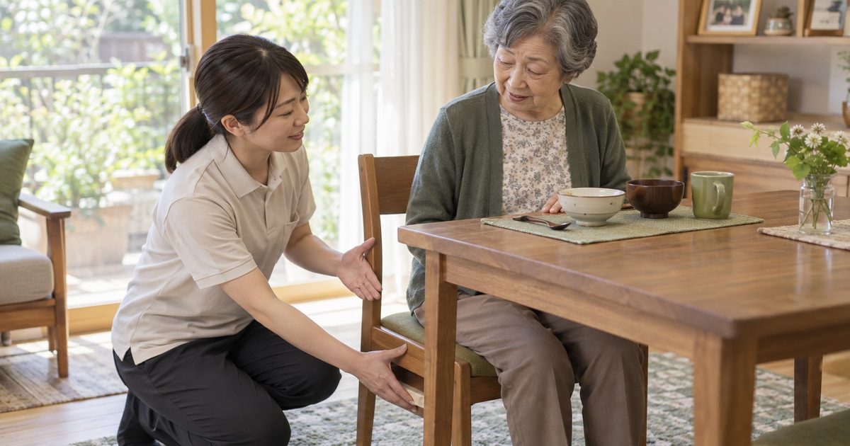 食卓で椅子の位置や足元の支持を支援者と高齢女性が確認する生成イメージ