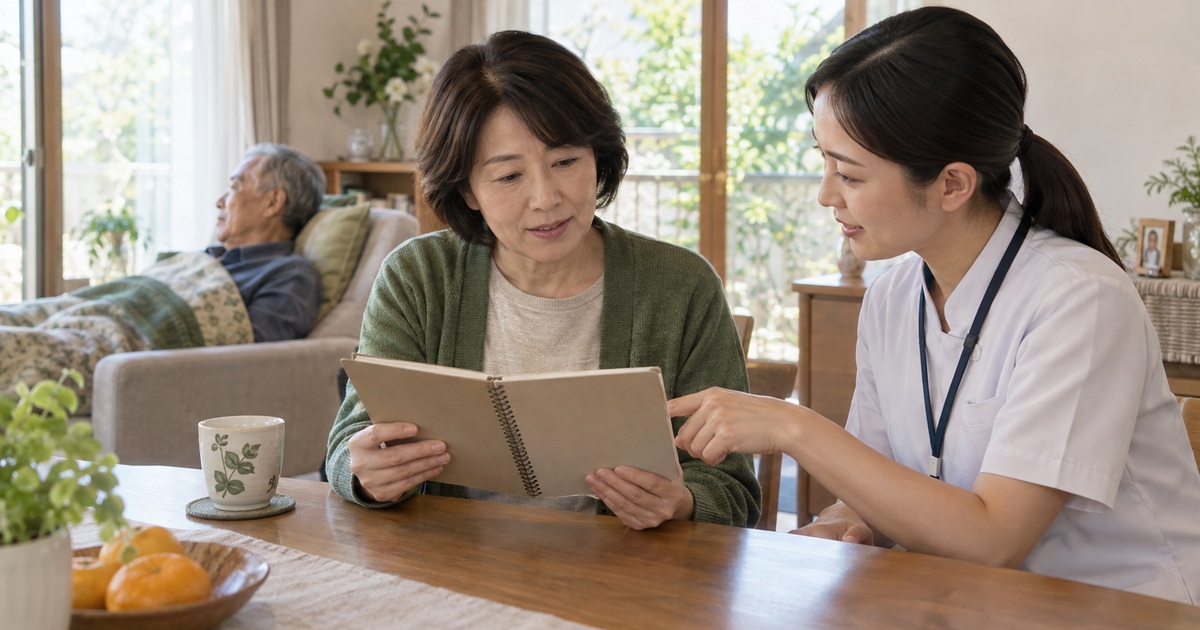 家族が食事中の変化を記録したノートを専門職と確認する生成イメージ