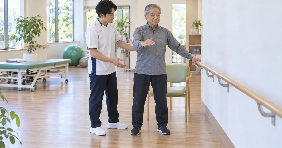 手すりを片手で持ち両足を床につけた高齢男性を、近くで療法士が見守る生成イメージ