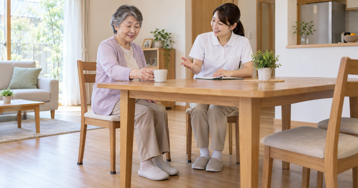 自宅の食卓で座った高齢女性が近くのカップに手を添え、作業療法士と生活動作を相談する生成イメージ