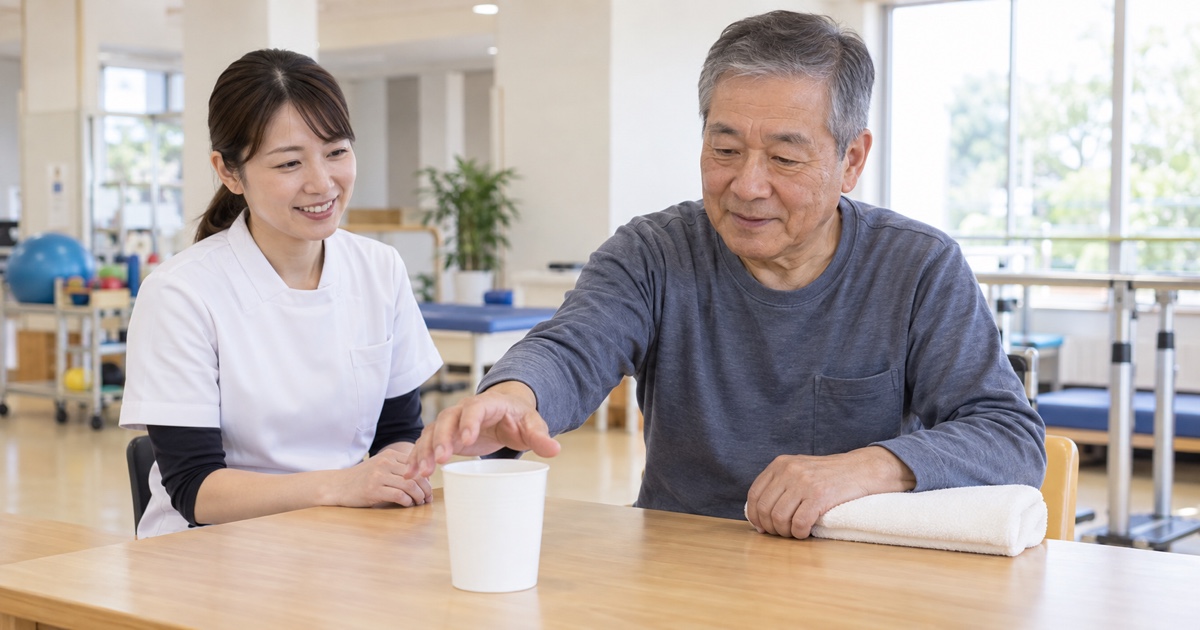 安定したテーブルで空のカップに手を伸ばす高齢男性を支援者が見守る生成イメージ