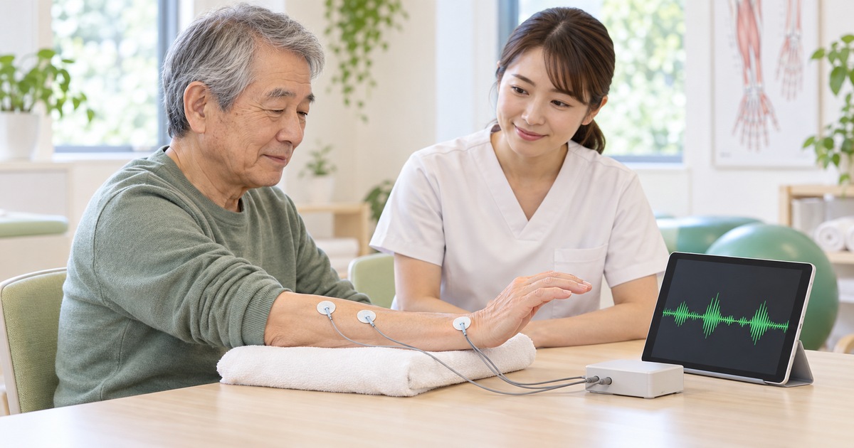 前腕をタオルで支えた高齢男性の皮膚上の計測電極と、筋肉の信号を表示する画面を支援者と確認する生成イメージ
