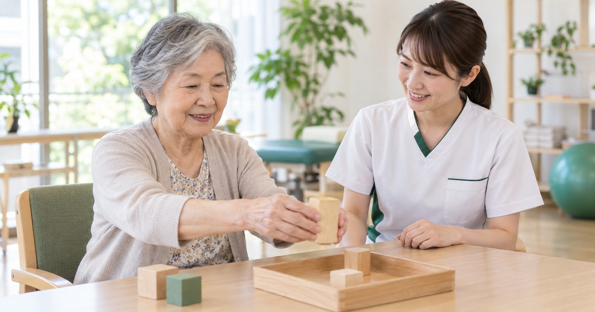 高齢女性が支援者の見守りで軽い木製の物を両手で持ち、トレーに置く動作を練習する生成イメージ