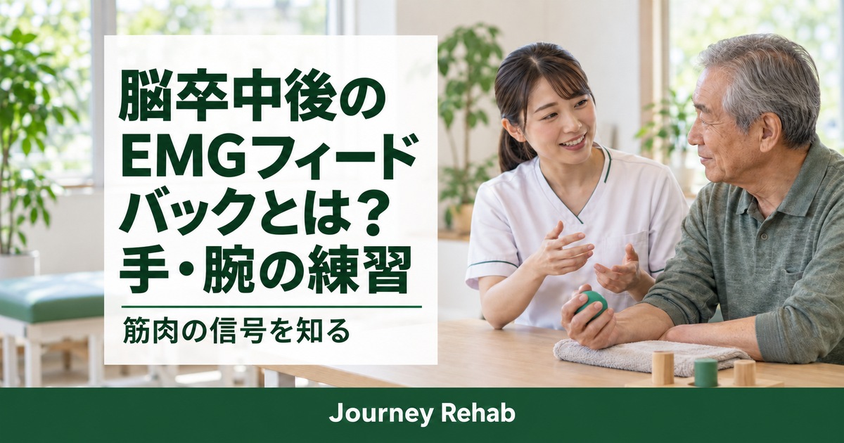 脳卒中後のEMGフィードバックとは、手・腕の練習、筋肉の信号を知るという文字と、高齢男性と支援者の生成イメージ