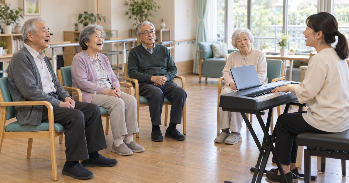 安定した椅子に座った高齢者が、鍵盤を弾く支援者と一緒に歌う少人数の活動の生成イメージ