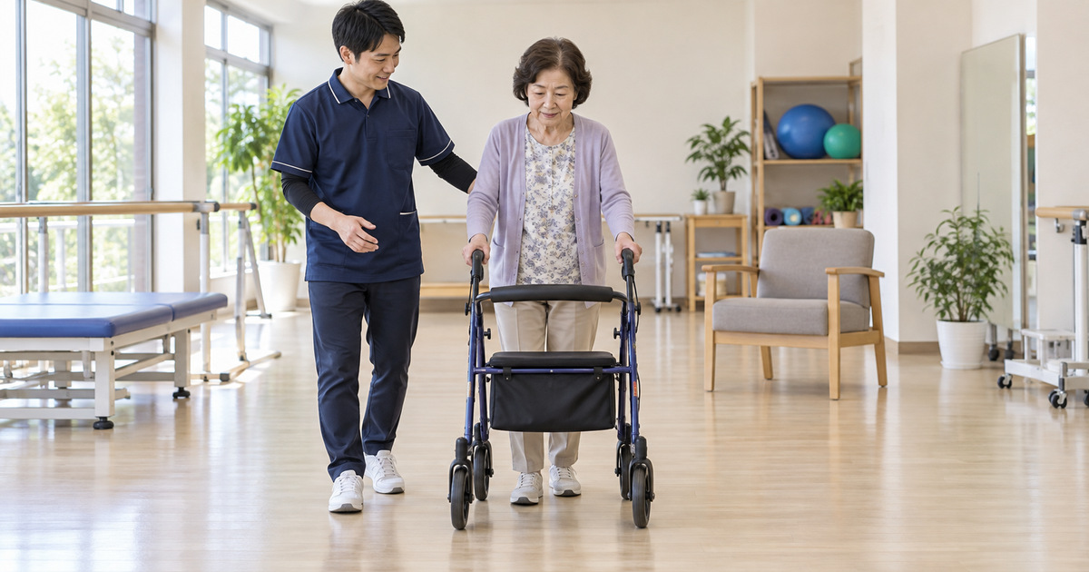 歩行器を使って歩く女性のそばで療法士が安全を見守る、歩行支援のイメージ