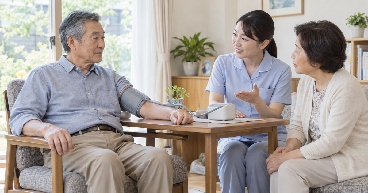 座った男性と家族が血圧計を囲み、医療職と活動前の体調について相談するイメージ