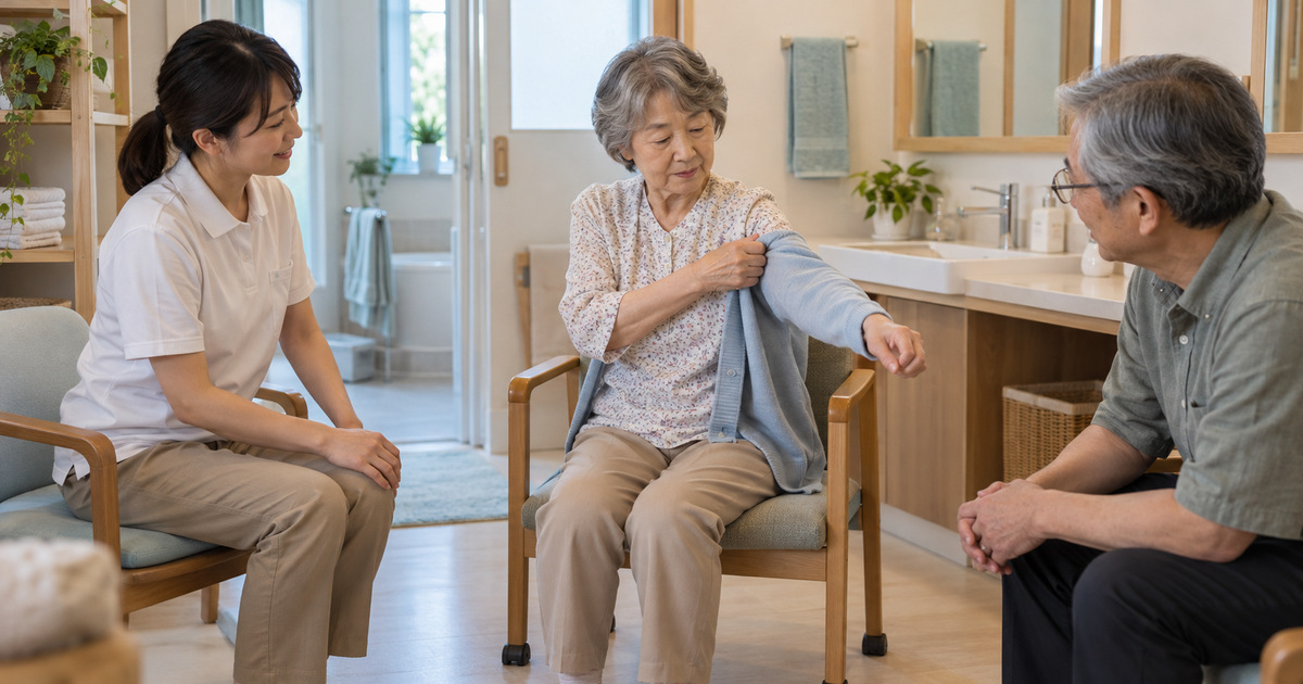 椅子に座って上着を着る女性と、療法士・家族が生活動作を相談するイメージ