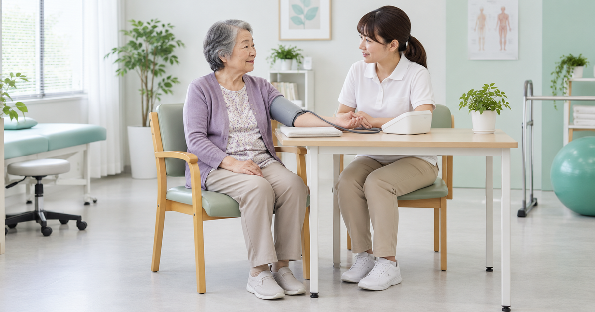 背もたれ付きの椅子に座った高齢女性の左上腕に血圧計のカフを付け、支援者が話を聞く生成イメージ