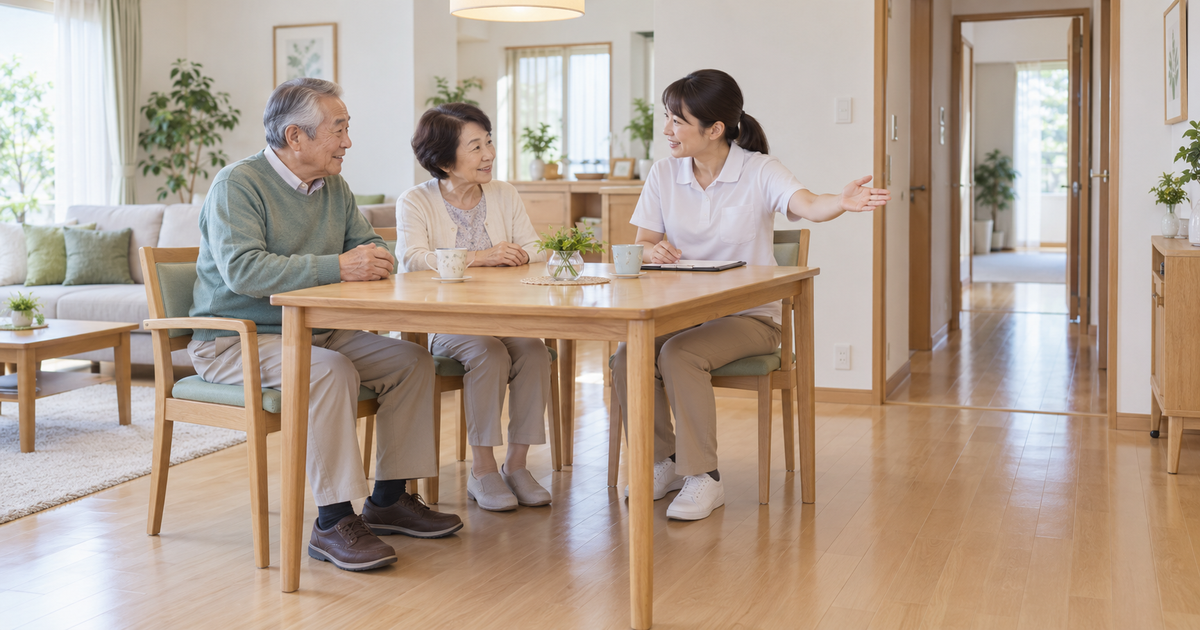 自宅の安定した椅子に座った高齢男性と家族が、作業療法士と室内の移動環境について話す生成イメージ