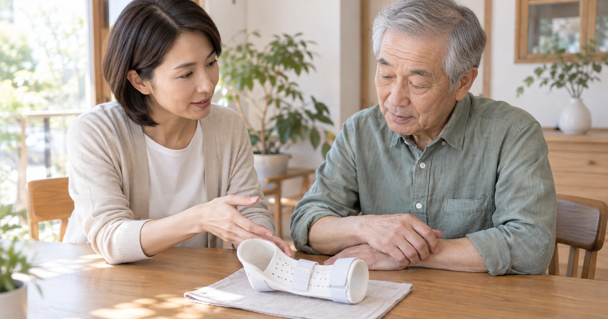 手から外した装具を見ながら用途について相談する場面のイメージ