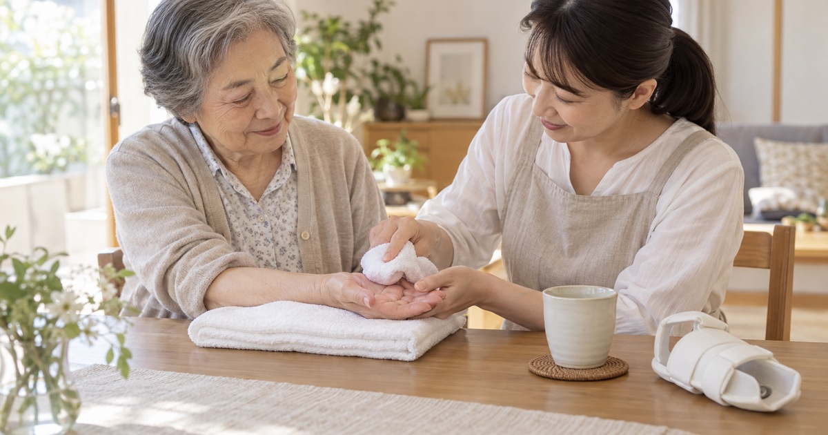 前腕を支えて手のひらをやさしく清拭する生活場面のイメージ