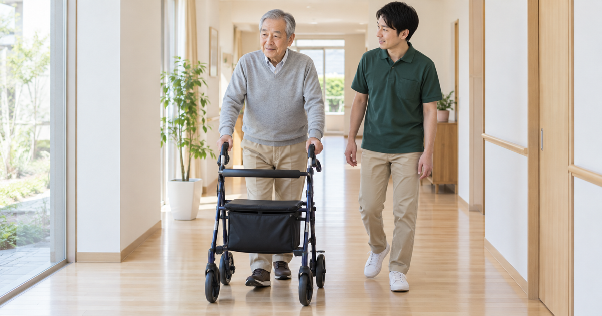 広く平らな室内廊下で、高齢男性が四輪歩行器を使い、専門職が隣で見守りながら歩いている