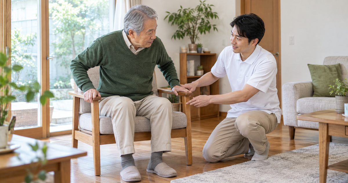 安定した椅子で休みながら専門職と体調を確認する高齢男性のイメージ