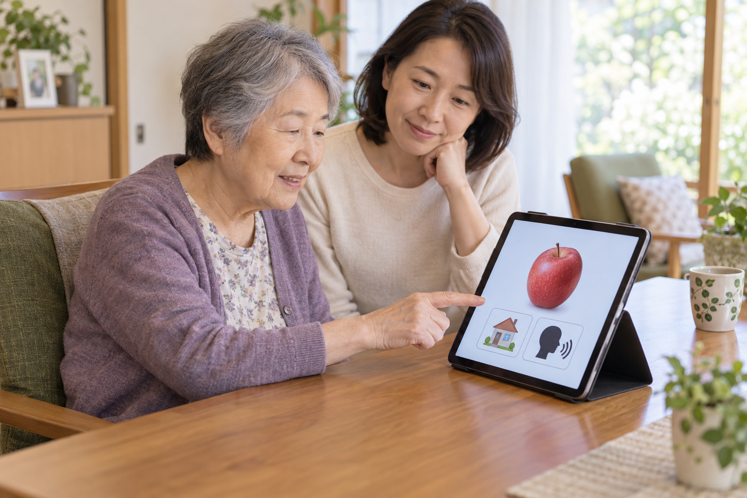 家族に見守られながら、卓上スタンドのタブレットに表示されたリンゴの絵を指さす高齢女性