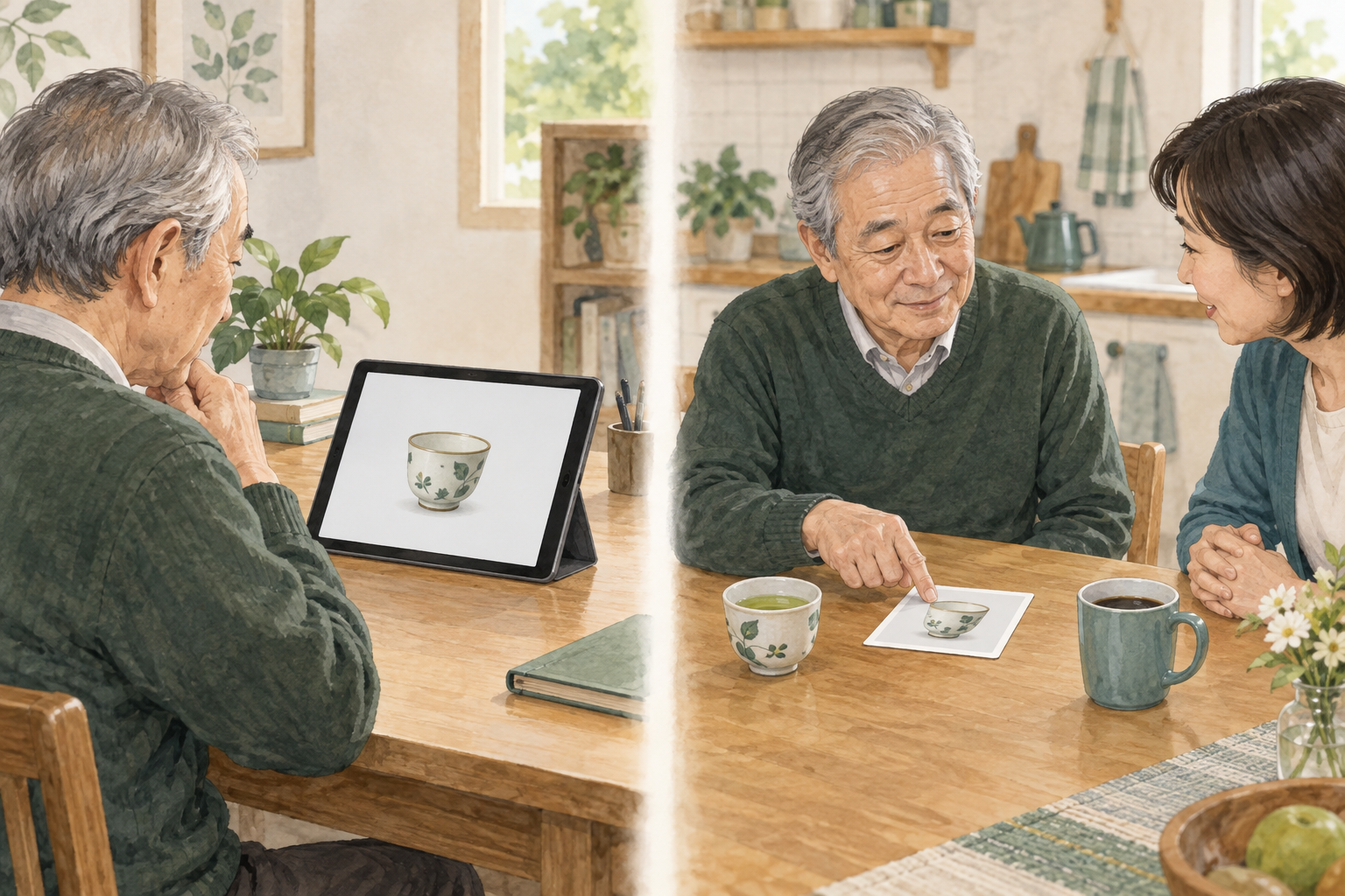 左にタブレットのカップ画像を見る男性、右に飲み物の写真を指さし家族と向き合う男性を描いた二場面のイラスト
