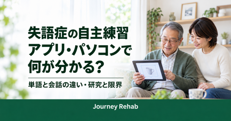 タブレットのカップ画像を見る高齢男性と家族の背景に「失語症の自主練習 アプリ・パソコンで何が分かる？」と書かれたJourney Rehabのサムネイル