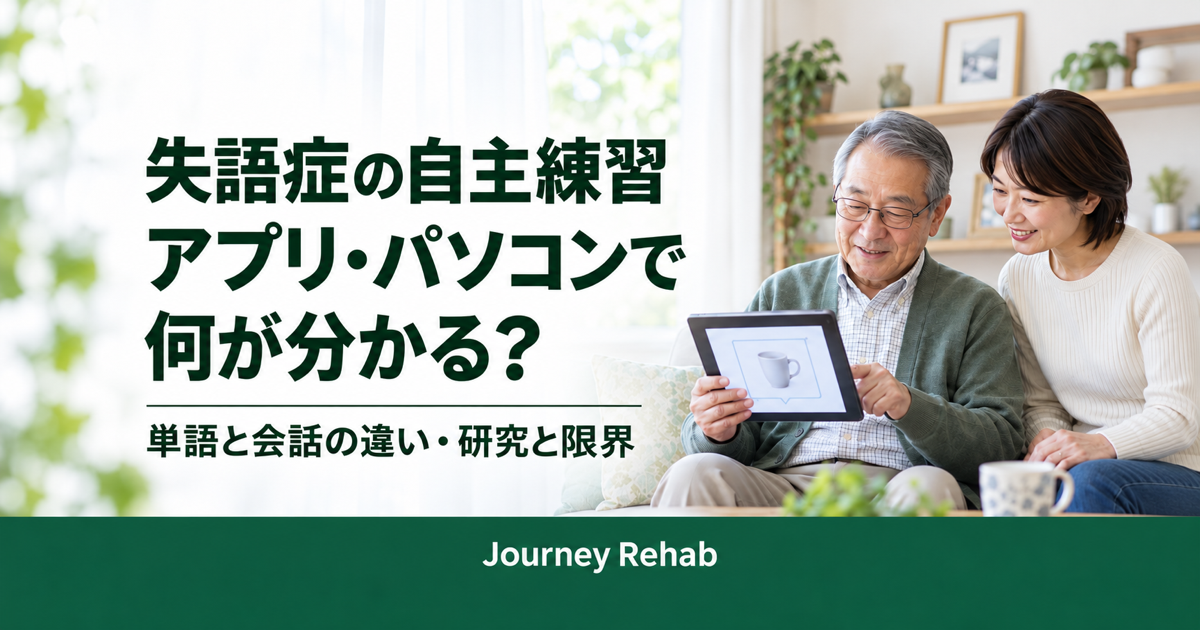 タブレットのカップ画像を見る高齢男性と家族の背景に「失語症の自主練習 アプリ・パソコンで何が分かる?」と書かれたJourney Rehabのサムネイル