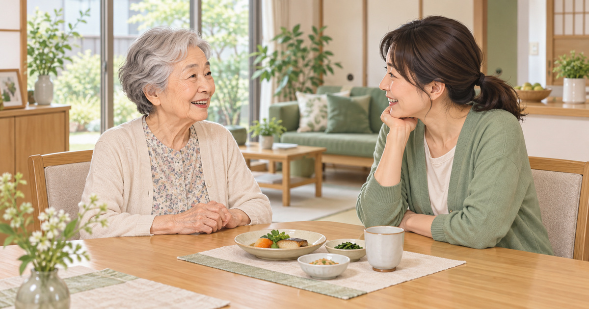 食卓で口の困りごとを家族と話す高齢女性のイメージ