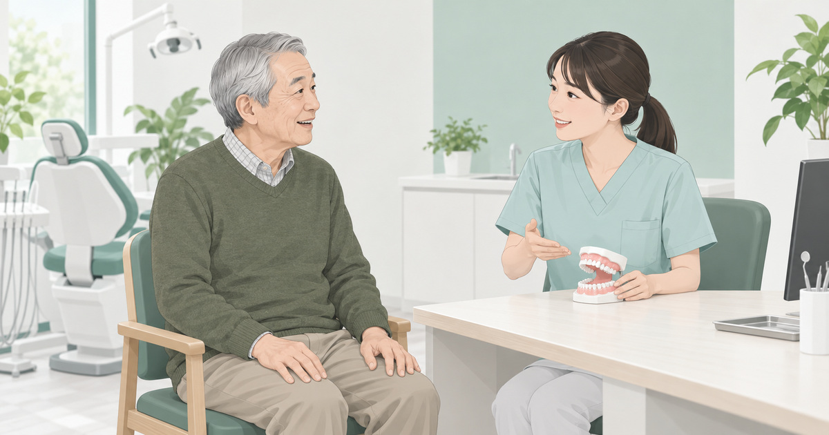 歯科の相談室で高齢男性の口の困りごとを確認する専門職のイメージ