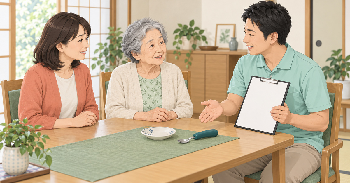 高齢女性と家族が専門職と生活の目標や食事の環境を相談するイメージ