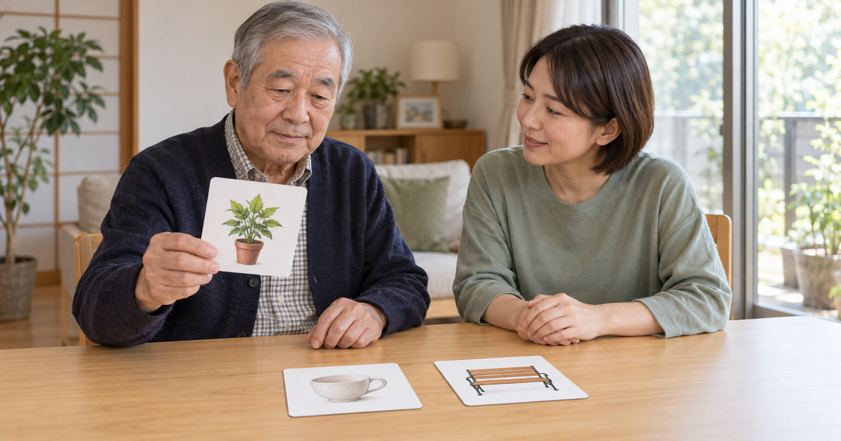 高齢男性が文字のない生活場面の絵カードを選び、専門職が隣で待ちながら意思の表出を支えている