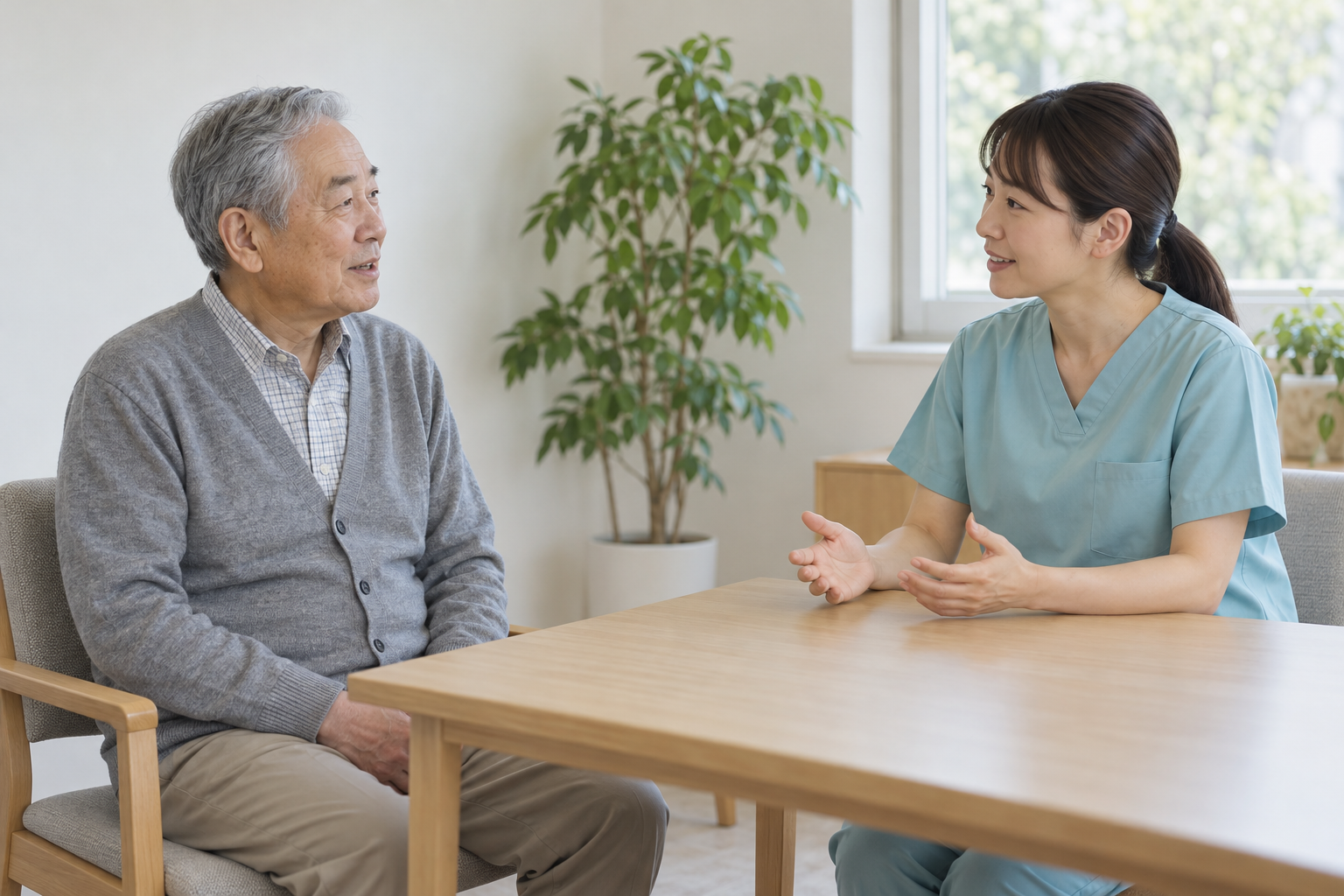高齢男性と専門職が食べ物のない机を囲んで相談する生成画像
