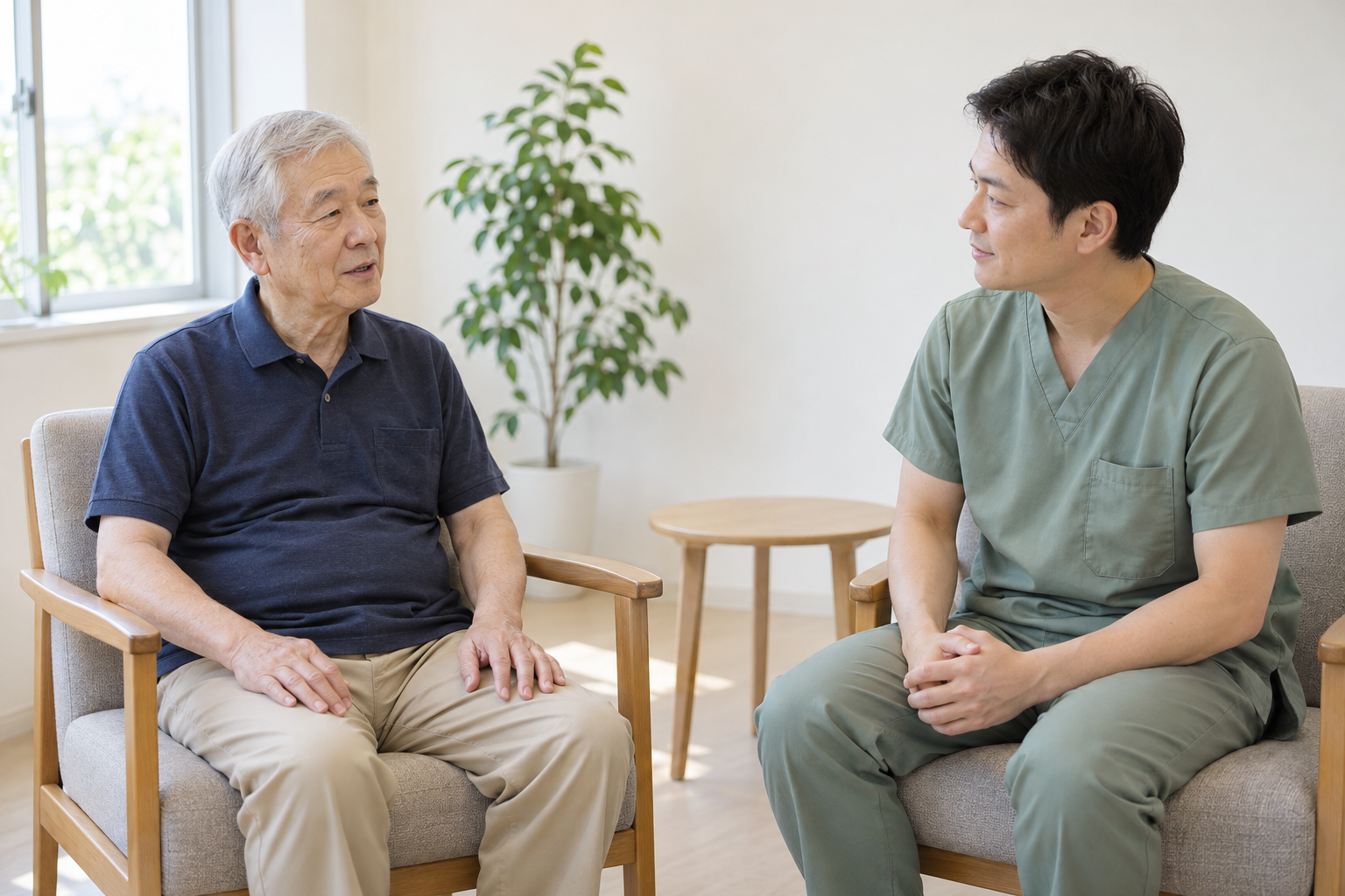 首を自然な位置に保って座る高齢男性が専門職に体調を伝える生成画像