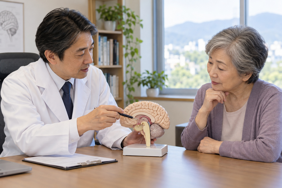 高齢女性と医師が脳模型を見ながら相談する場面