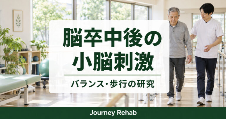 歩行を見守る支援者の背景に「脳卒中後の小脳刺激」「バランス・歩行の研究」と記したサムネイル