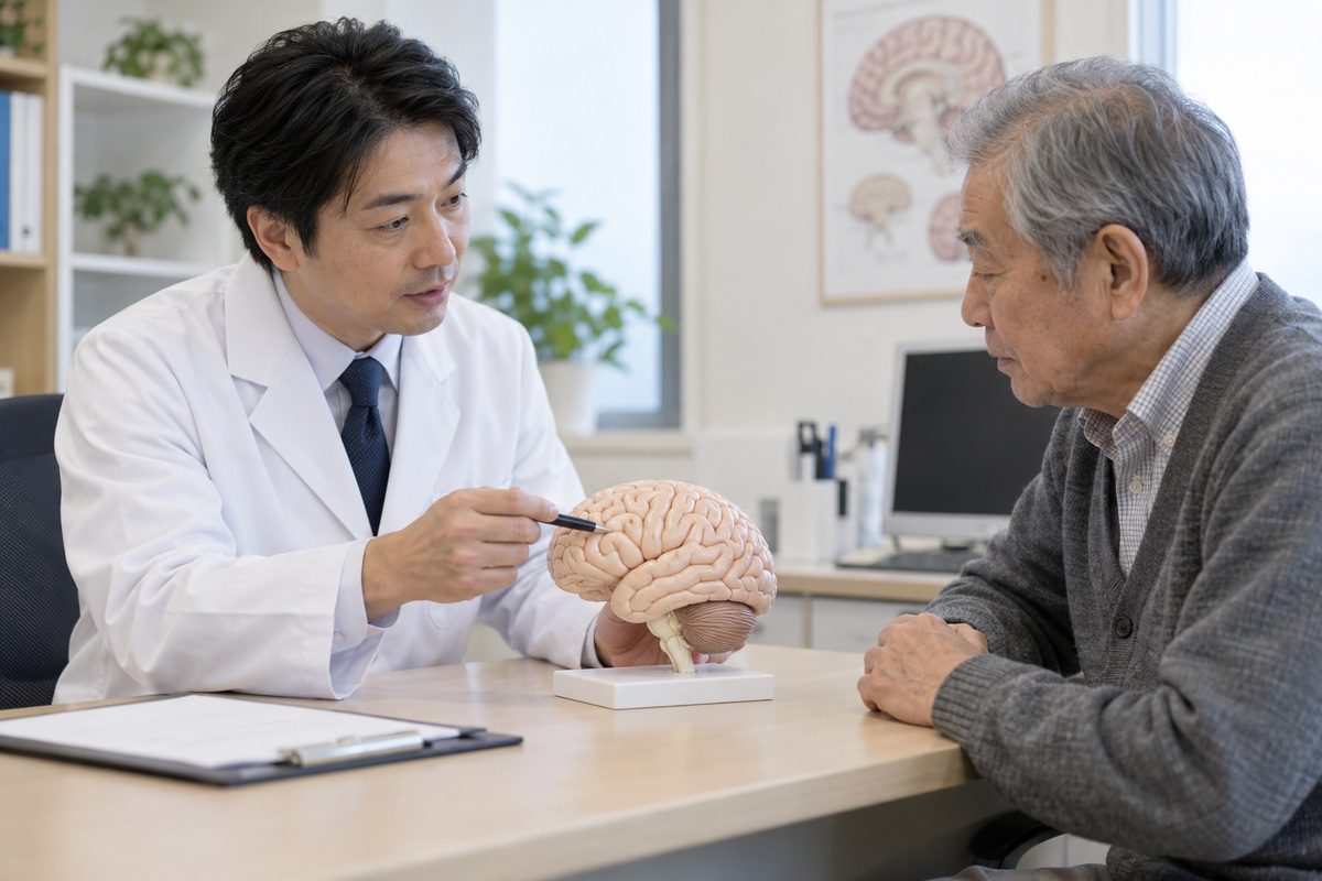 高齢男性と医療者が脳模型を見ながら相談する場面