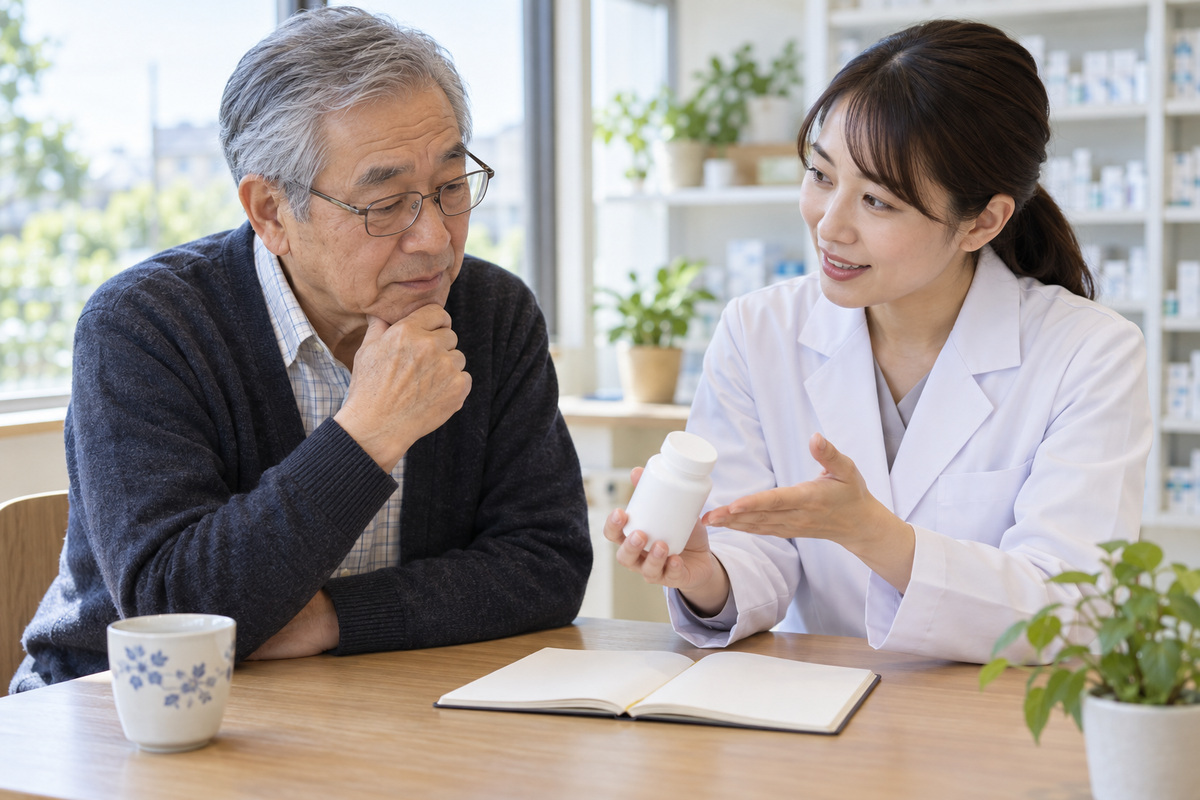 高齢男性と医療者がサプリ容器とノートを確認する場面