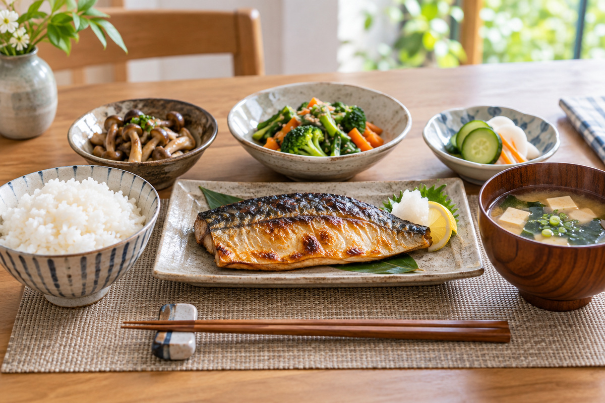 魚やきのこ、野菜、ご飯を並べた家庭の食卓