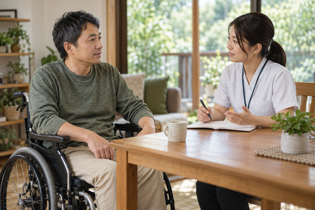車いすの男性と専門職が自宅の机を挟んで話す生成イメージ