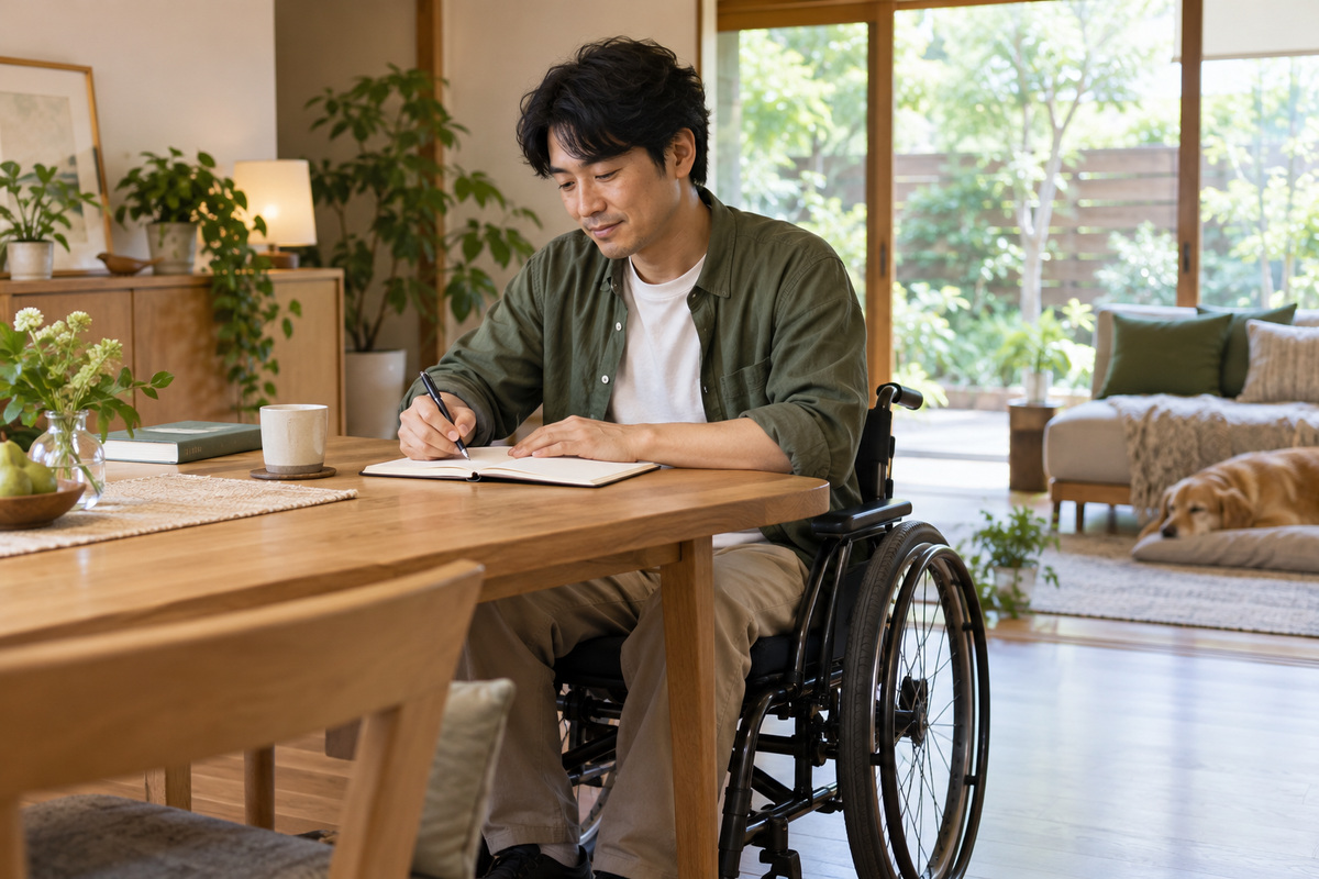 車いすに座る男性が机上のノートへ記録する生成イメージ