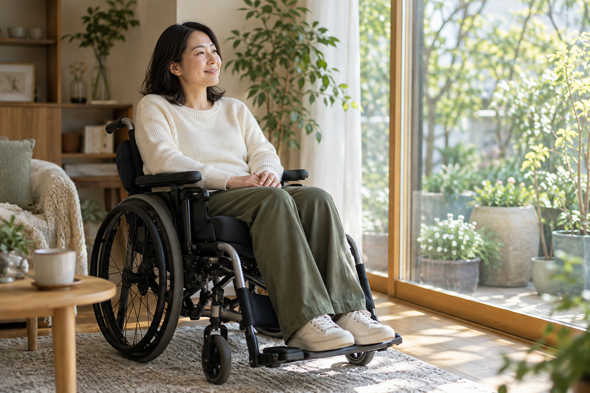 クッションで姿勢を支えながら窓辺で休む車いすの女性の生成イメージ