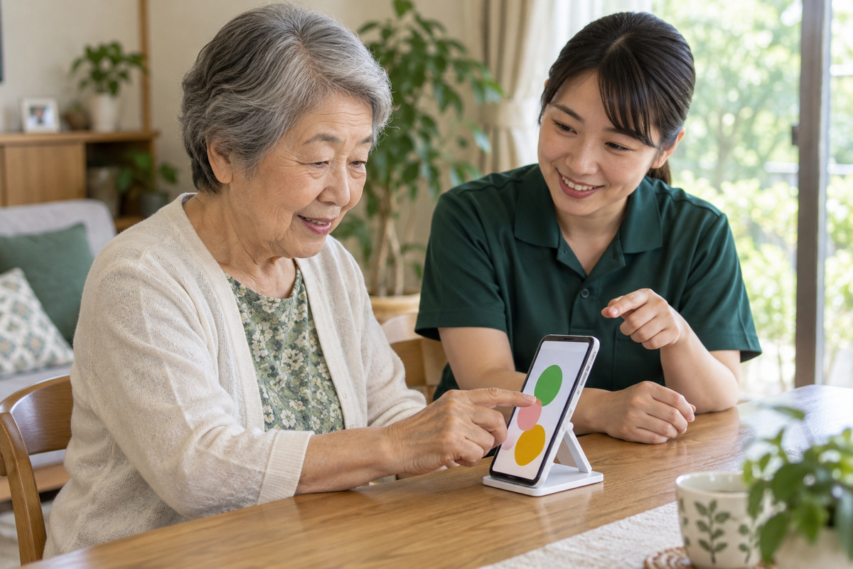 机のスマートフォンを指さす高齢女性と、隣で確認する専門職の生成イメージ