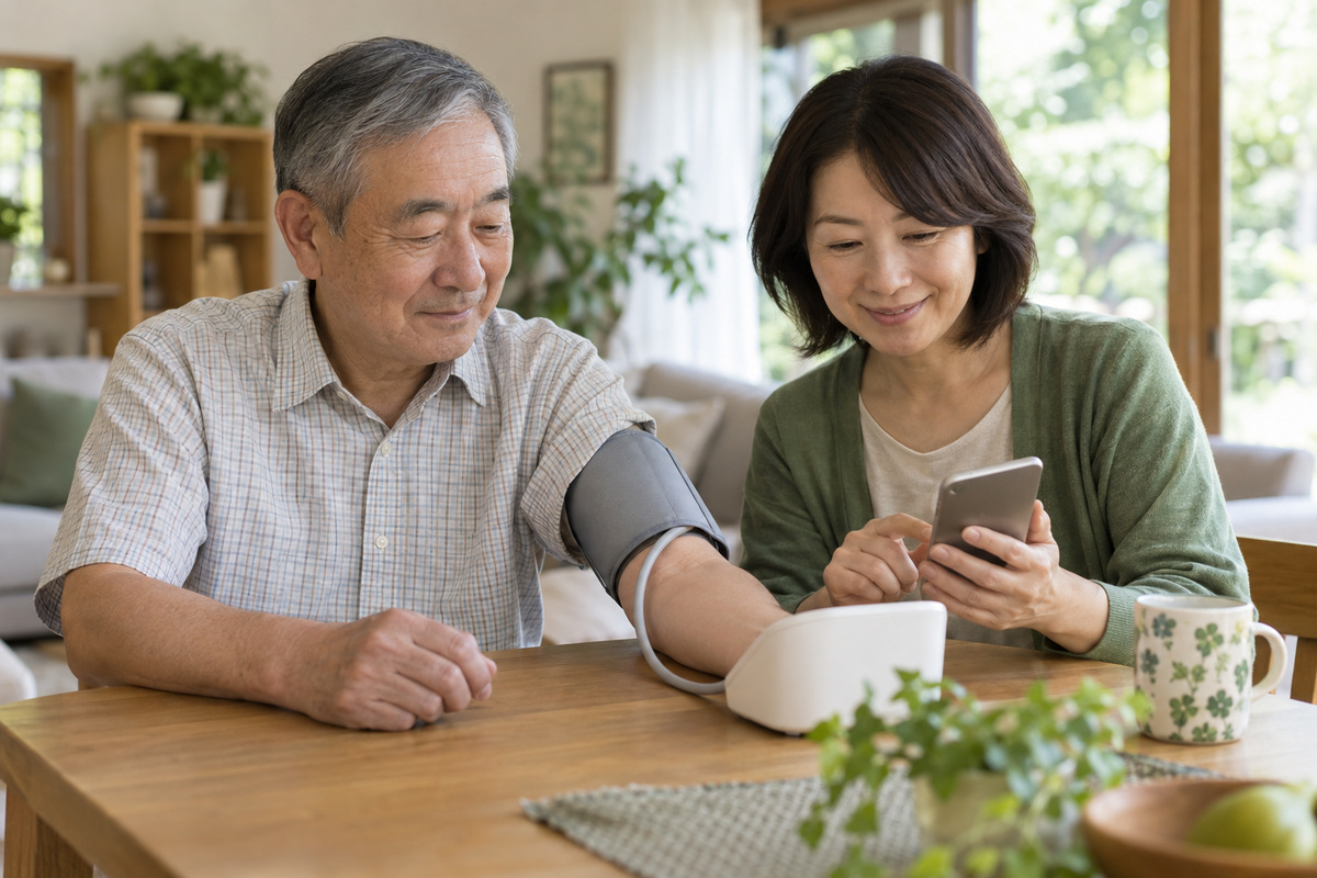 上腕式血圧計を着けて座る高齢男性と、スマートフォンを持つ家族の生成イメージ