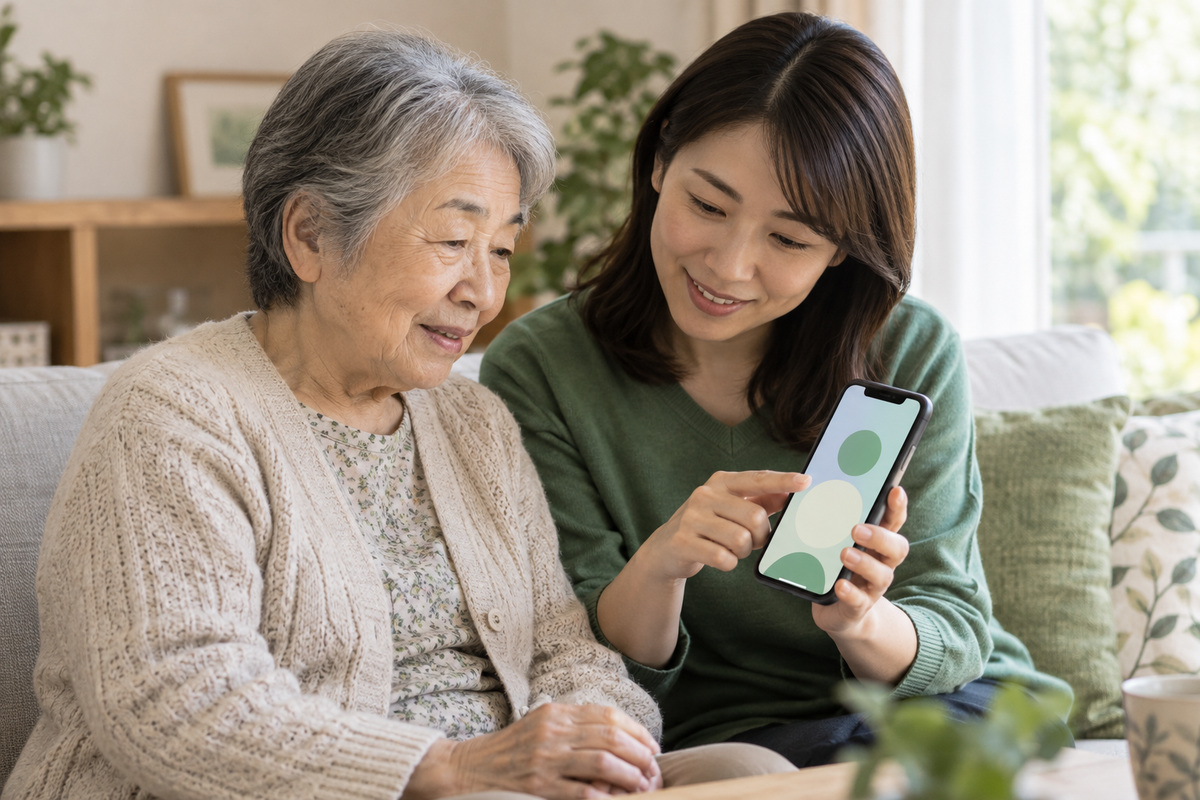 高齢女性と家族が並んでスマートフォンの画面を確認する生成イメージ