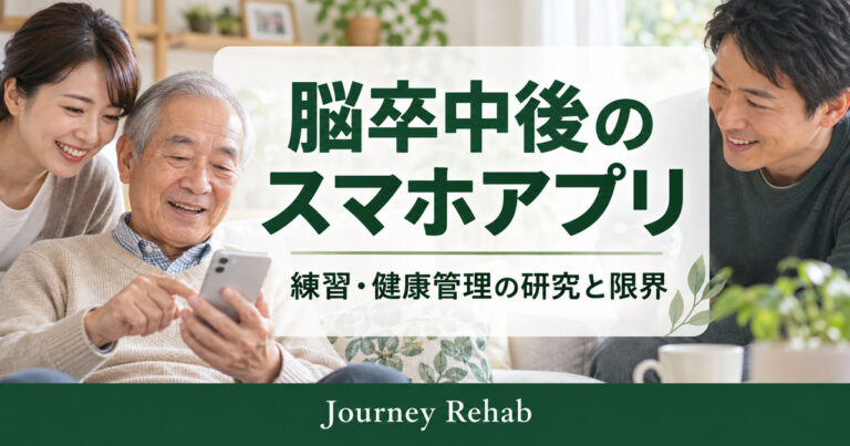 「脳卒中後のスマホアプリ」「練習・健康管理の研究と限界」と書かれたサムネイル