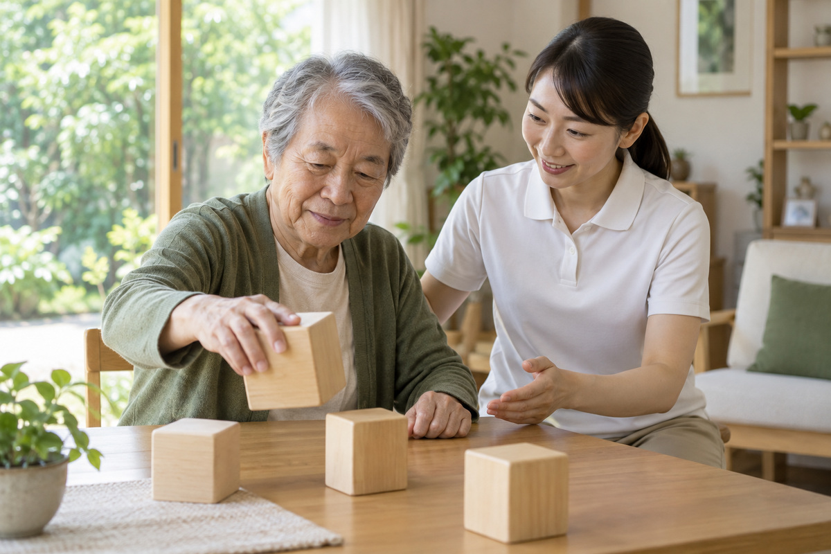 机上の木製ブロックに手を伸ばす高齢女性と、そばで見守る専門職の生成イメージ