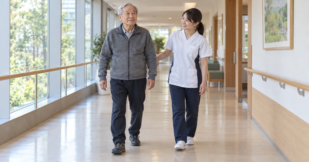 高齢男性が専門職の見守りのもと広い廊下を歩いている