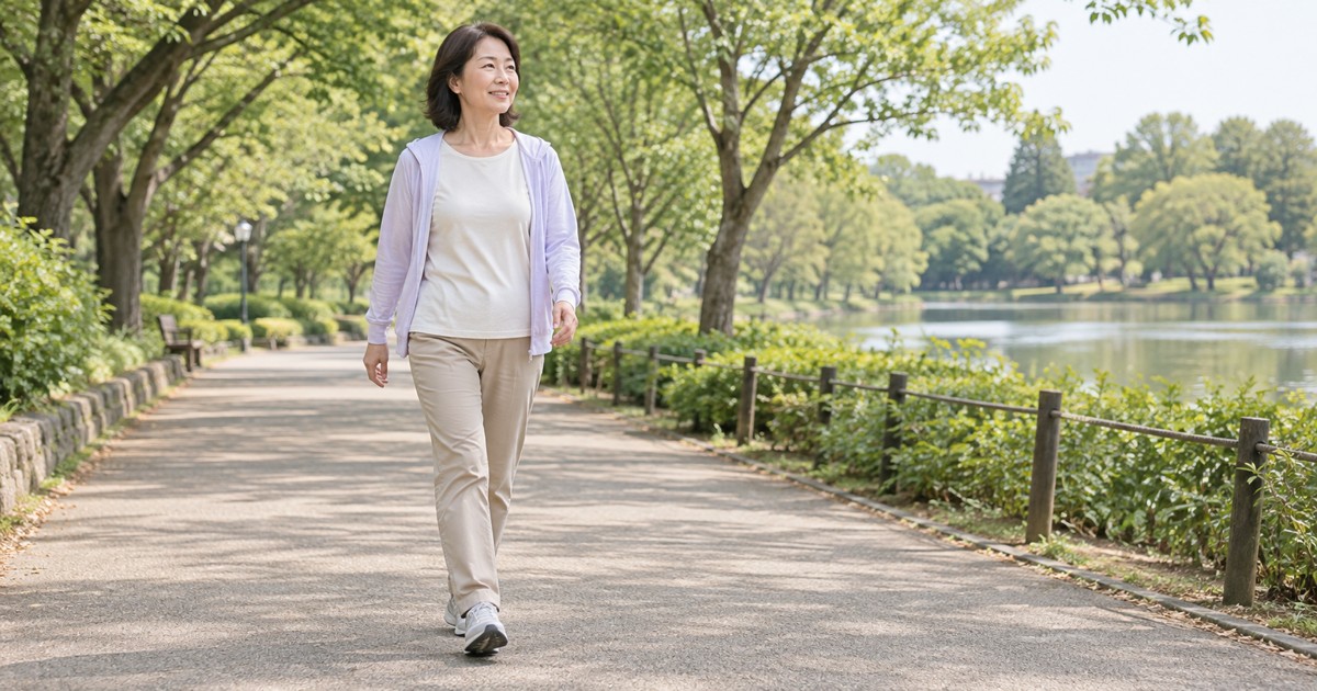 広く平らな公園の道を女性がゆっくり歩いている