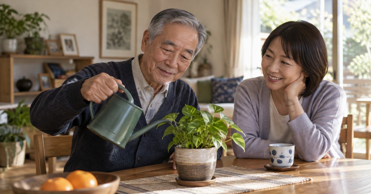 高齢男性が家族の隣で鉢植えに水を注いでいる