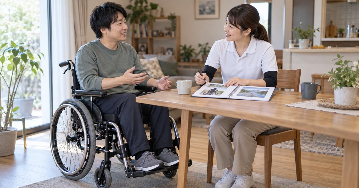 車椅子の男性と専門職が自宅のテーブルで活動について相談している