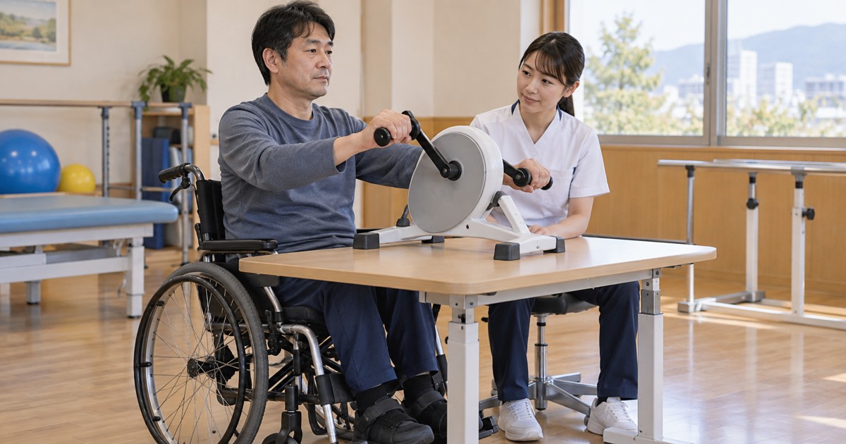 車椅子の男性が専門職の見守りのもと机上の腕こぎ機器を使っている
