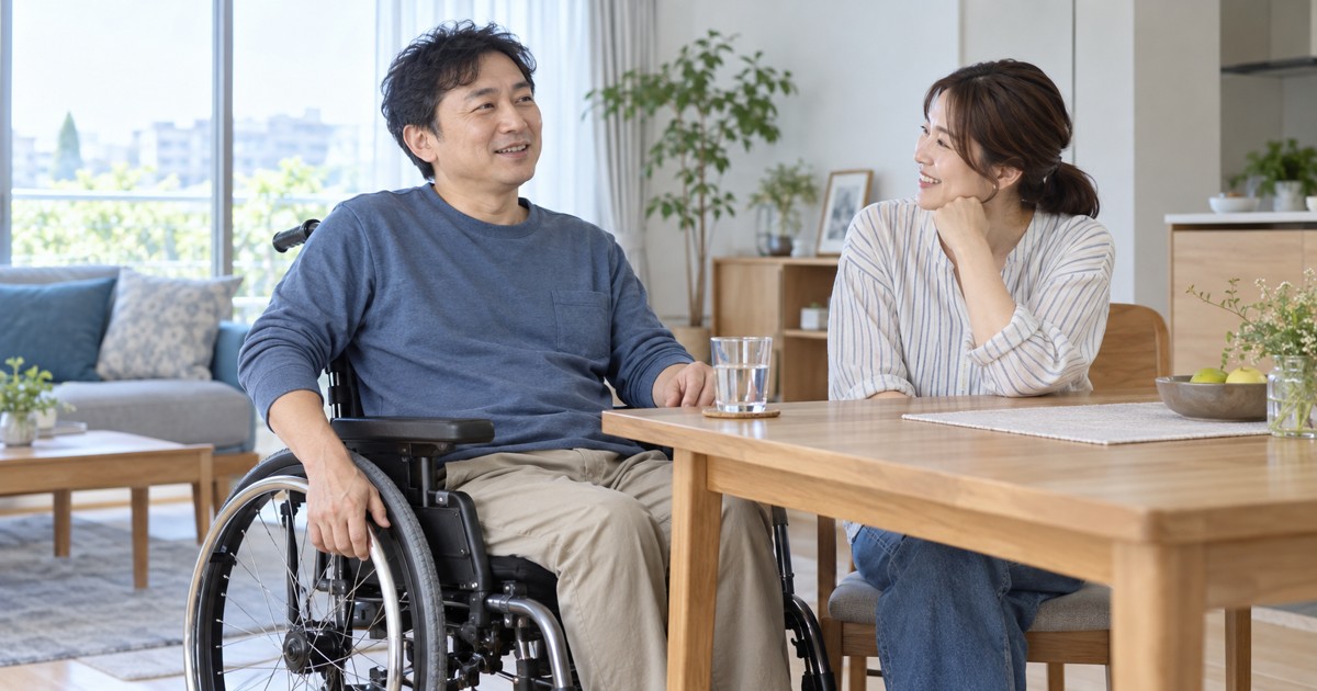 車椅子の男性が自宅で家族と話しながら休んでいる