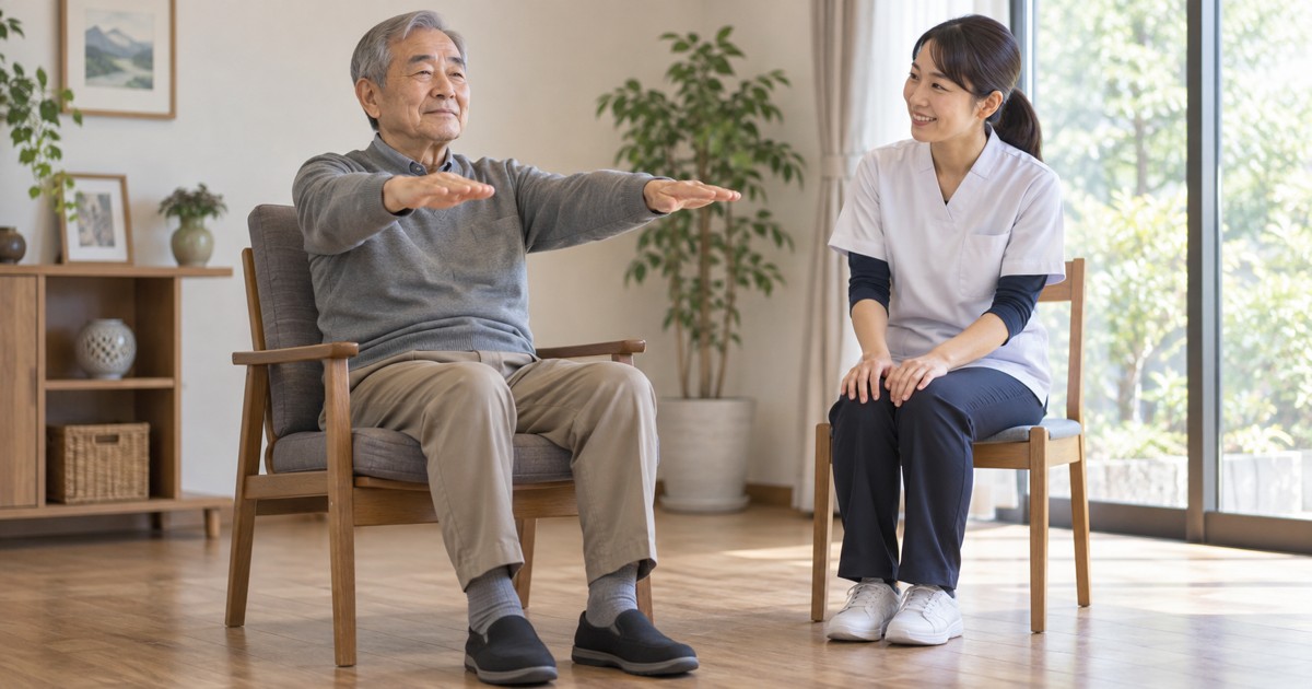 高齢男性が椅子に座って両腕を前に伸ばし専門職が見守っている